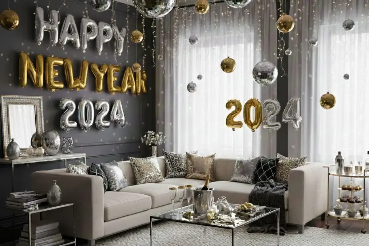 decoracao de ano novo prata e dourado