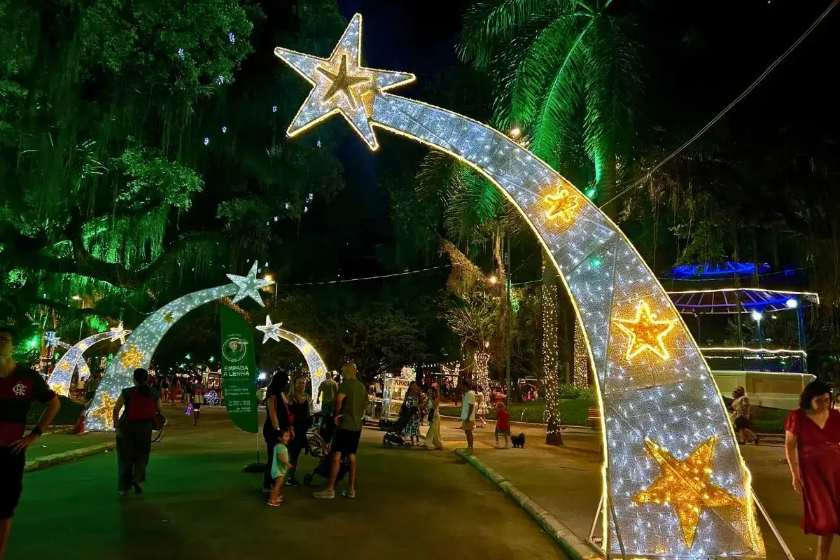 Decoração natalina com estrelas brilhantes.